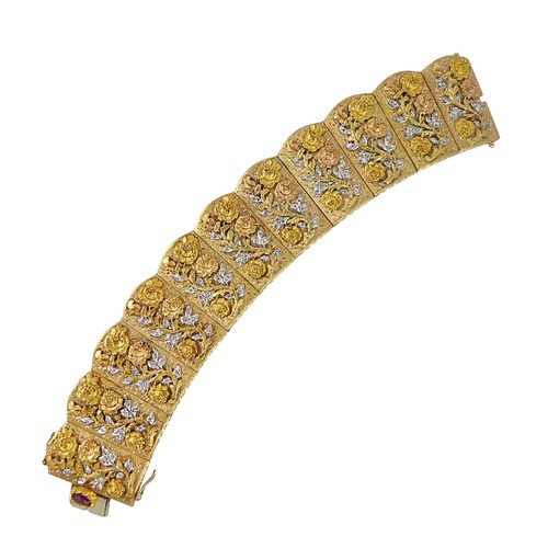 Italian 18ct vari-coloured gold and diamond floral panel cuff bracelet by Cazzaniga, Rome, with repeating fancy raised floral spray to each panel,